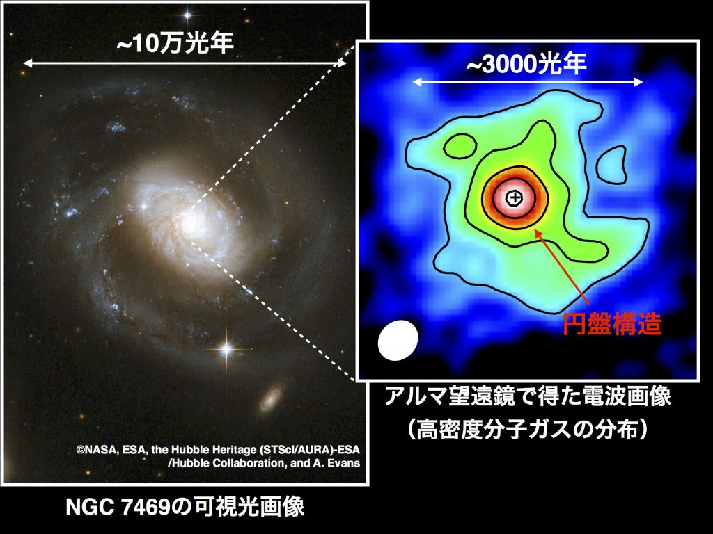 観測の一例。近傍銀河 NGC 7469の可視光画像（左）と、アルマ望遠鏡で取得したその中心部の電波画像。高密度分子ガスの分布を描いており、中心部に円盤構造が見えます（赤くなっている箇所）
